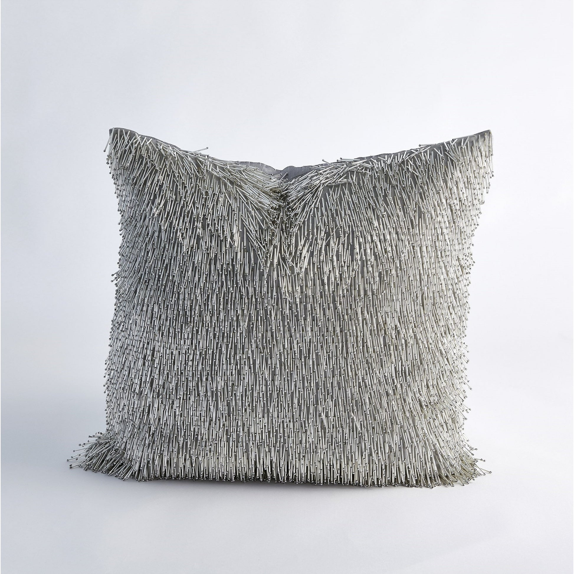 Shimmy Fringe Pillow by Global Views in silver and silver. Made from polyester with cotton lining fitted with glass beads in a transitional style.