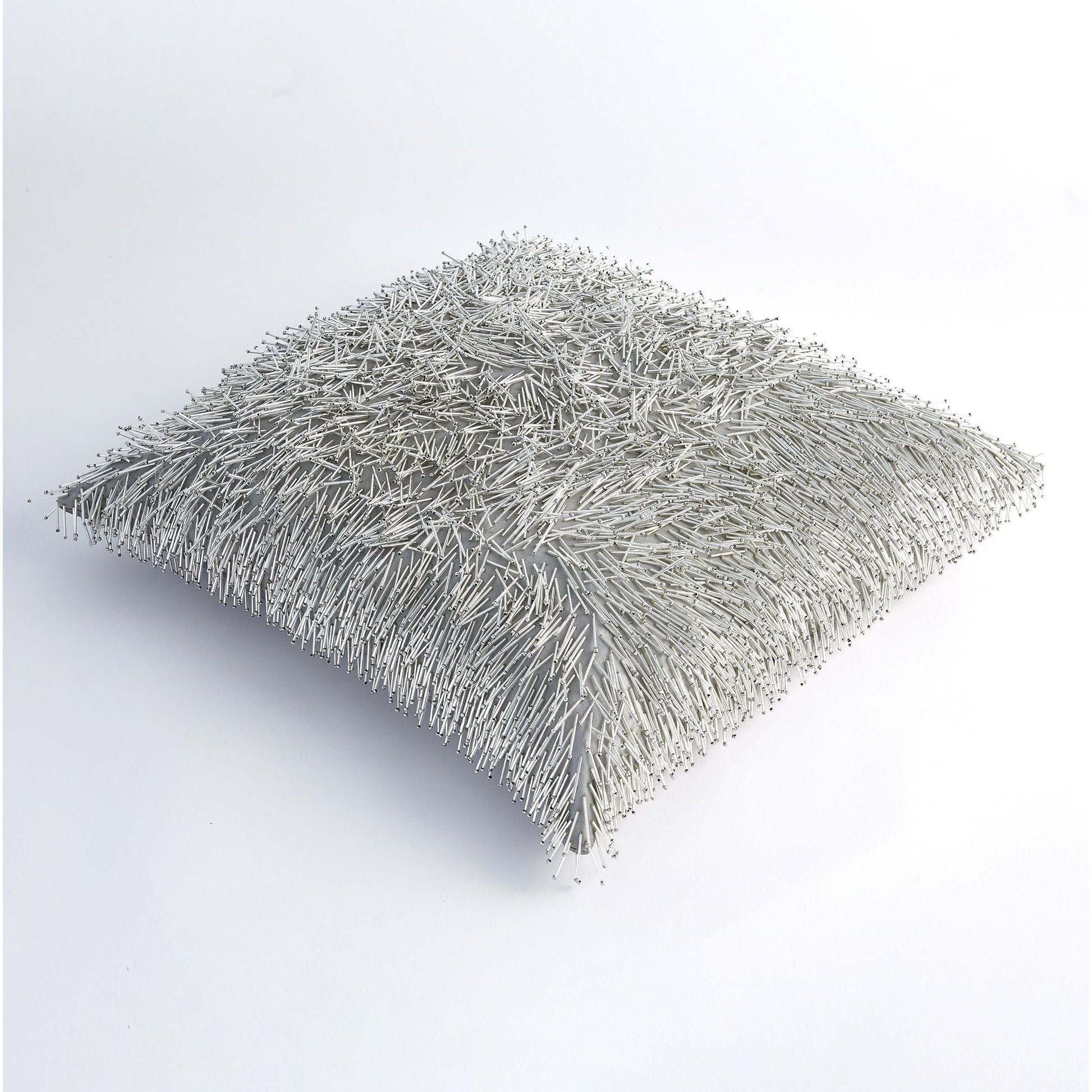 Shimmy Fringe Pillow by Global Views in silver and silver. Made from polyester with cotton lining fitted with glass beads in a transitional style.