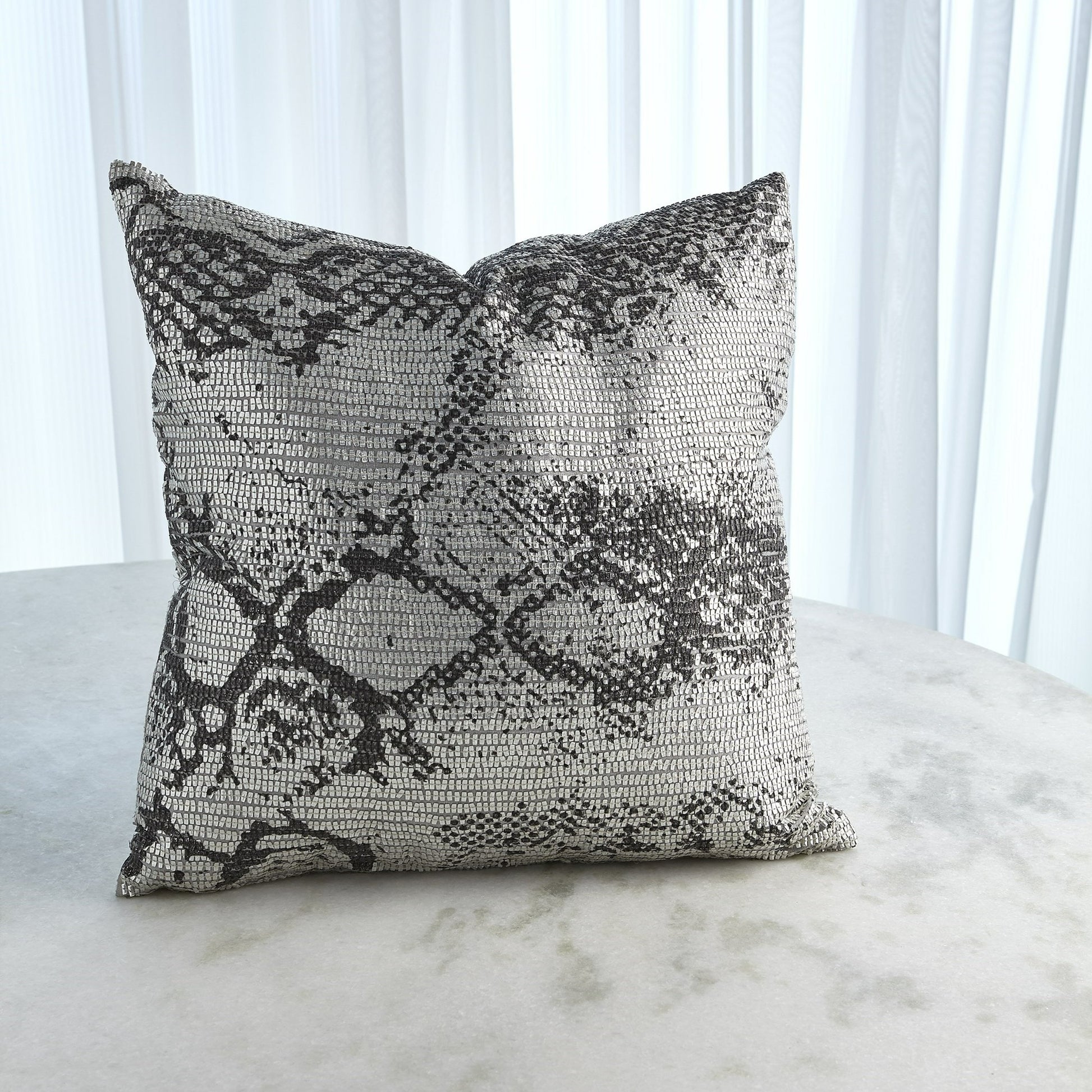 Shimmer Snake Skin Pillow by Global Views in silver and silver. Made from polyester with cotton lining with plastic decor in a modern style.