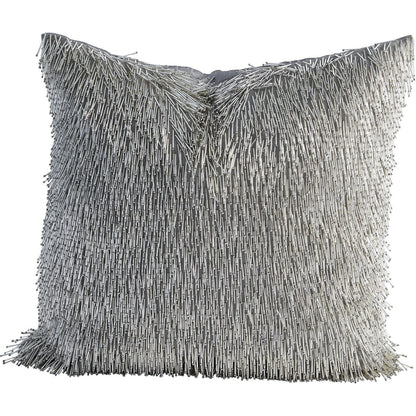 Shimmy Fringe Pillow by Global Views in silver and silver. Made from polyester with cotton lining fitted with glass beads in a transitional style.