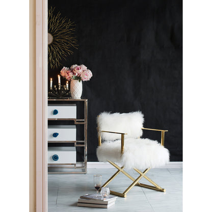 Mongolian Director's Chair by Pasargad Home in gold and white, gold. Made from mongol fur in a eclectic & global style.