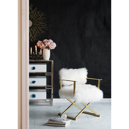 Mongolian Director's Chair by Pasargad Home in gold and white, gold. Made from mongol fur in a eclectic & global style.