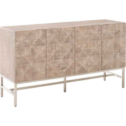 Atlas Media Sideboard by Essentials For Living in natural gray, brushed stainless steel. Made from solid acacia, acacia veneer, stainless steel in a modern style.