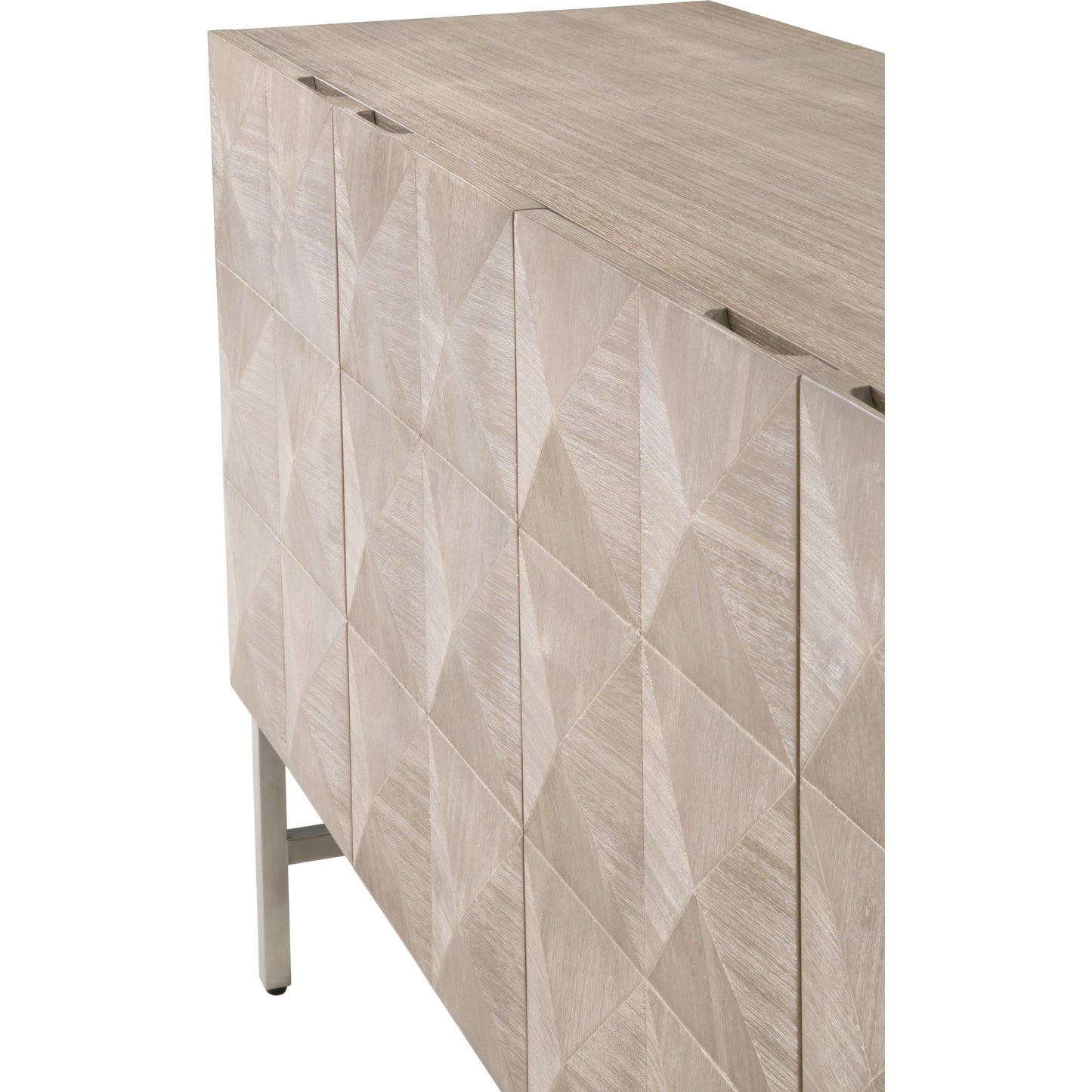 005 SR-387036 | Closeup | Atlas Media Sideboard by Essentials For Living in natural gray, brushed stainless steel. Made from solid acacia, acacia veneer, stainless steel in a modern style.