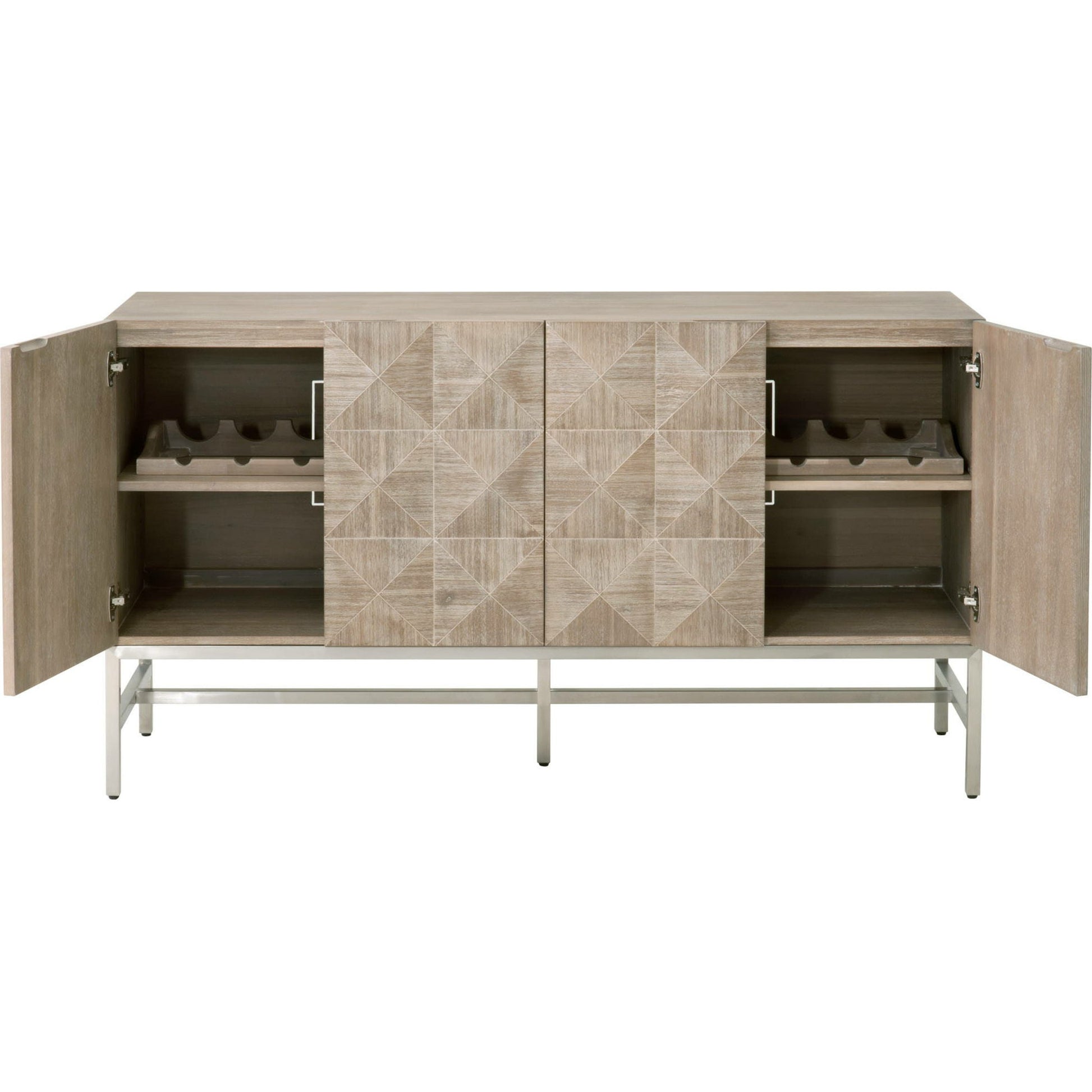 Atlas Media Sideboard by Essentials For Living in natural gray, brushed stainless steel. Made from solid acacia, acacia veneer, stainless steel in a modern style.