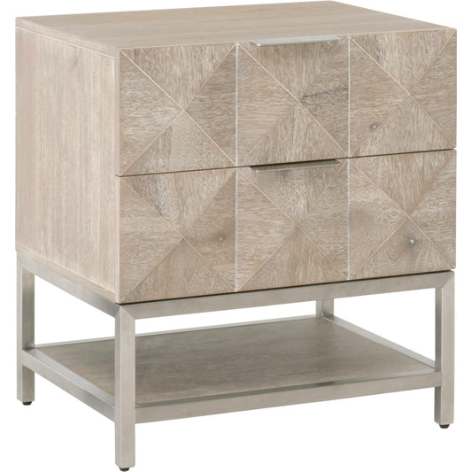 Atlas Nightstand by Essentials For Living in natural gray, brushed stainless steel. Made from solid acacia wood, acacia veneer, mdf, plywood, stainless steel in a modern style.