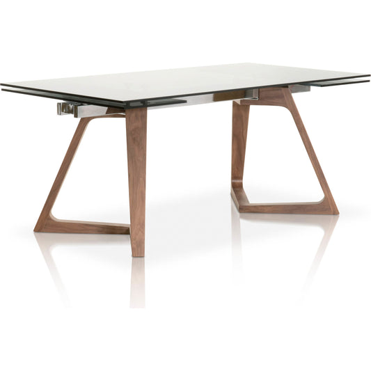 Axel Dining Table by Essentials For Living in walnut, stainless steel, smoke gray glass. Made from walnut veneer, glass in a modern style.