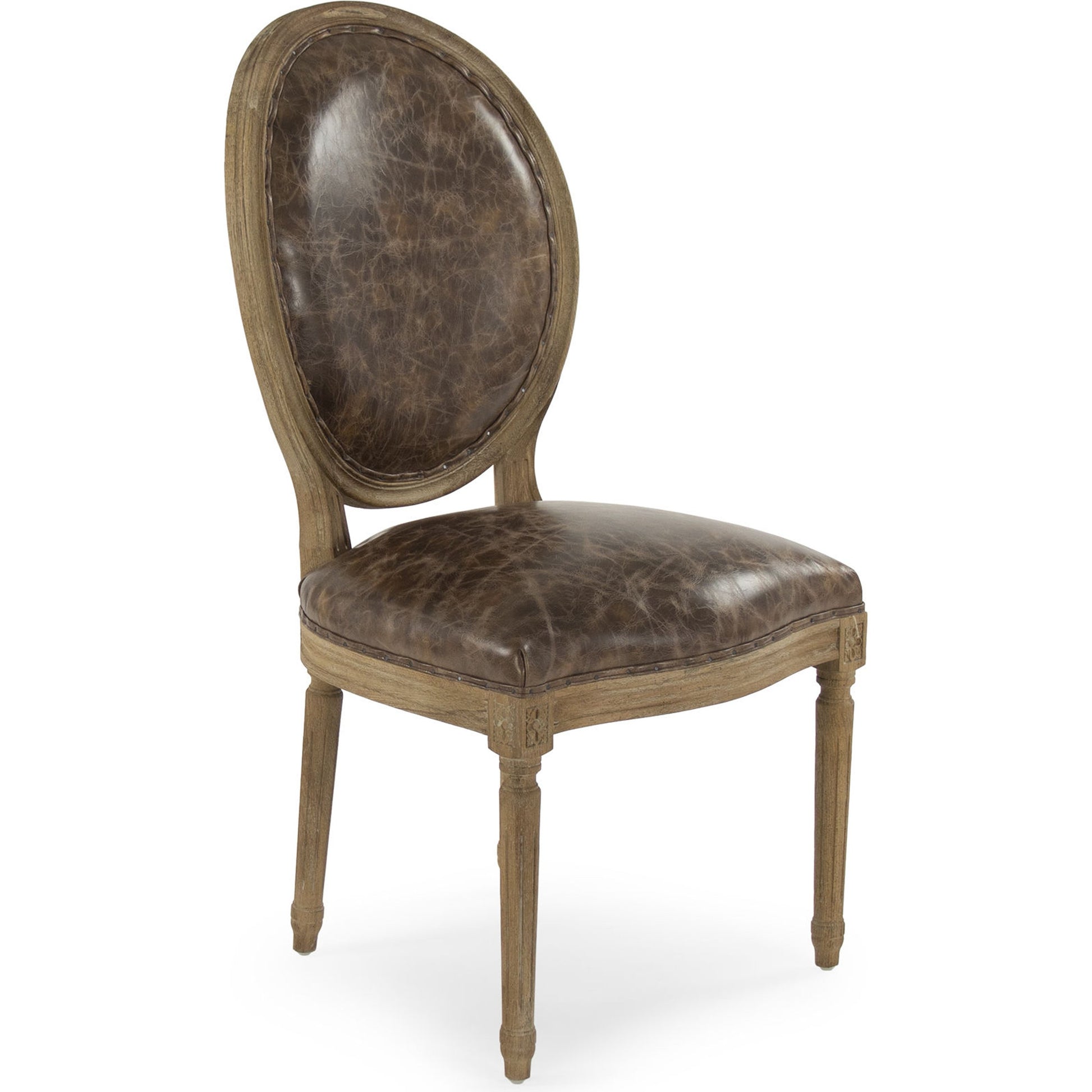 Medallion Leather Side Chair by Zentique in top grain leather and limed gray oak. Made from leather, oak in a traditional style.