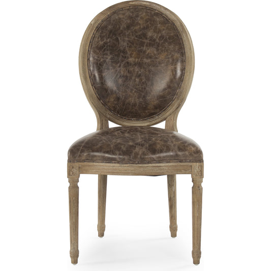 Medallion Leather Side Chair by Zentique in top grain leather and limed gray oak. Made from leather, oak in a traditional style.