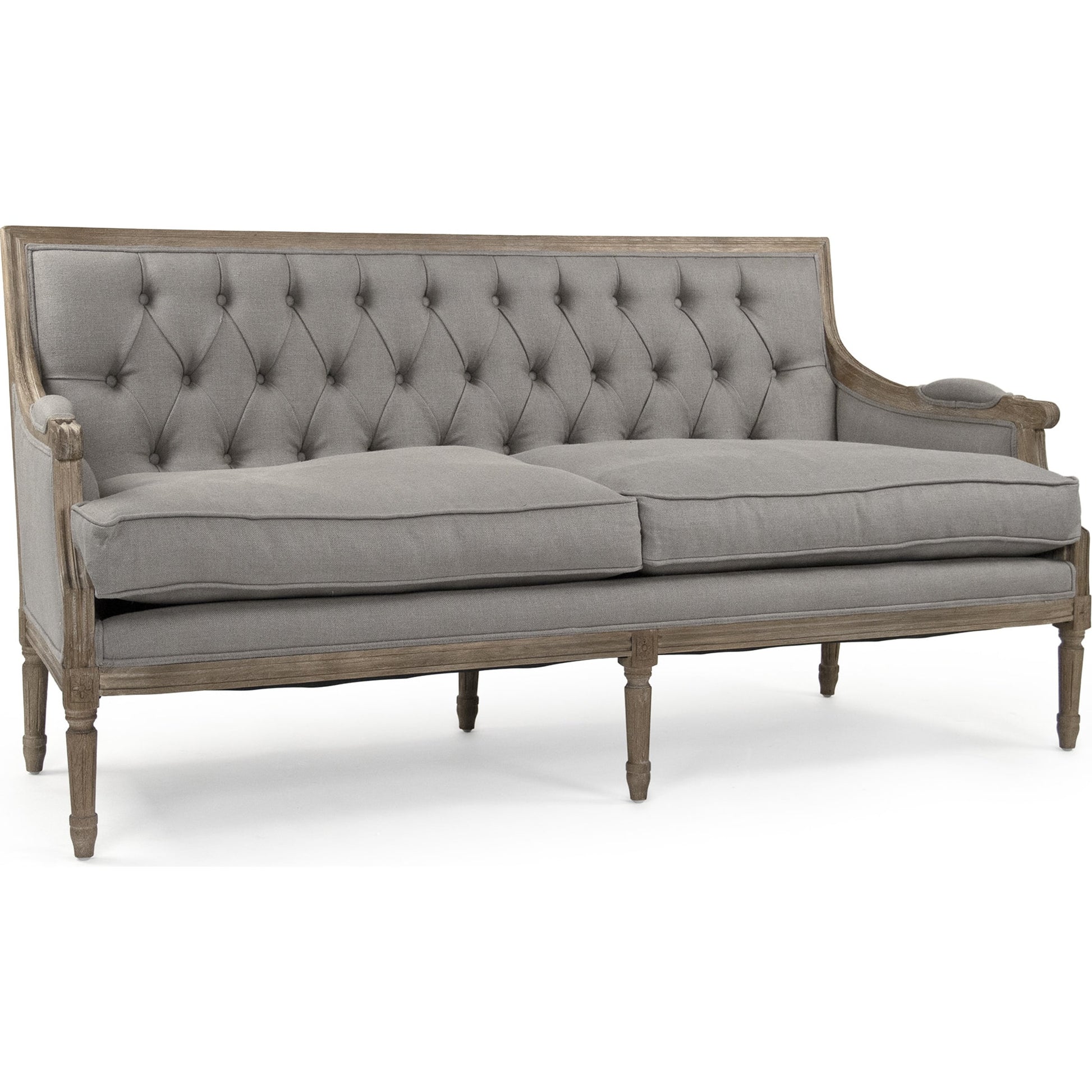 Louis Tufted Sofa by Zentique in natural linen and limed gray oak. Made from limed grey oak in a cottage & farmhouse style.