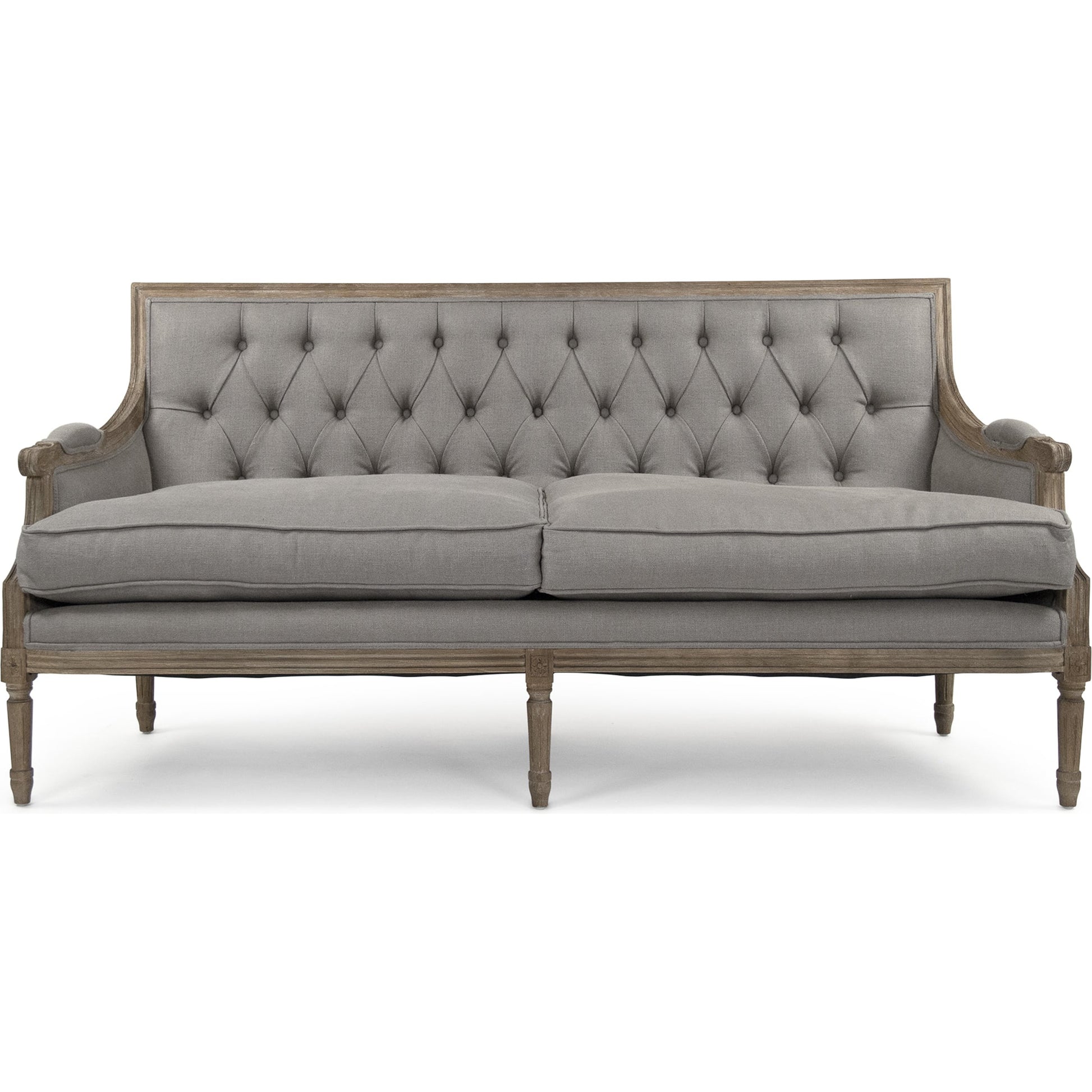 Louis Tufted Sofa by Zentique in natural linen and limed gray oak. Made from limed grey oak in a cottage & farmhouse style.