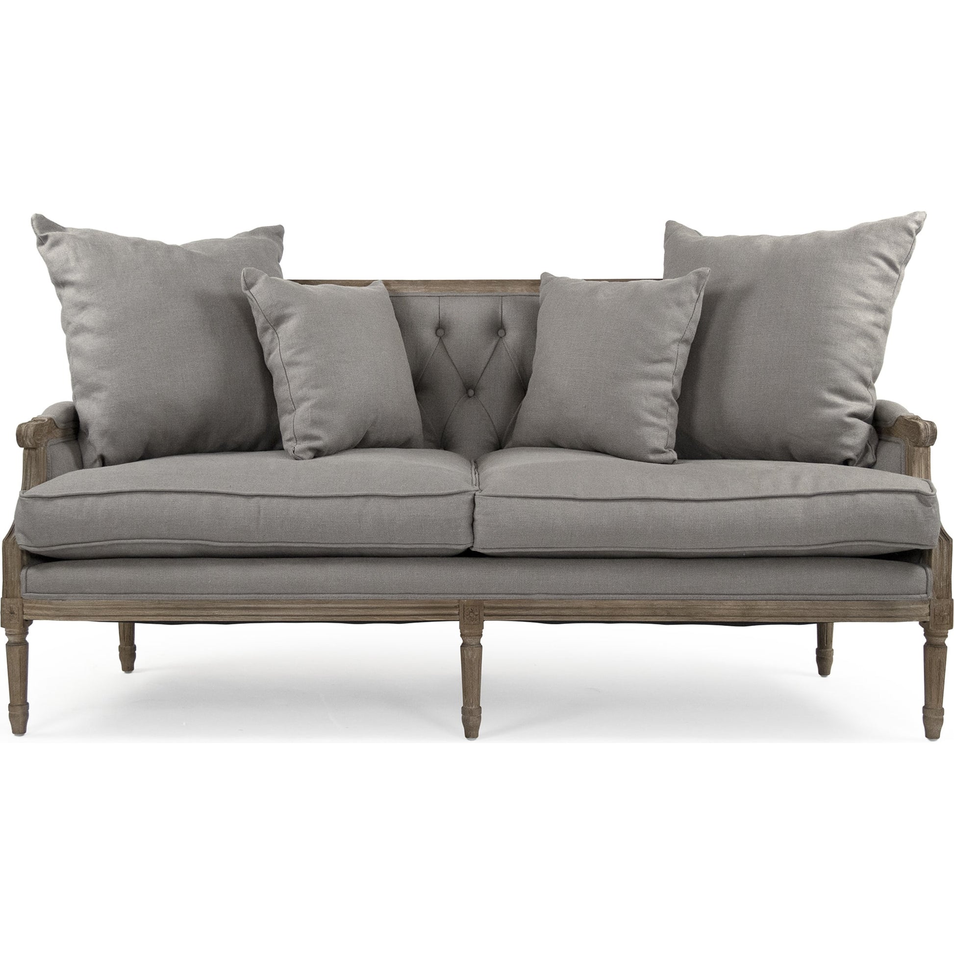 Louis Tufted Sofa by Zentique in natural linen and limed gray oak. Made from limed grey oak in a cottage & farmhouse style.
