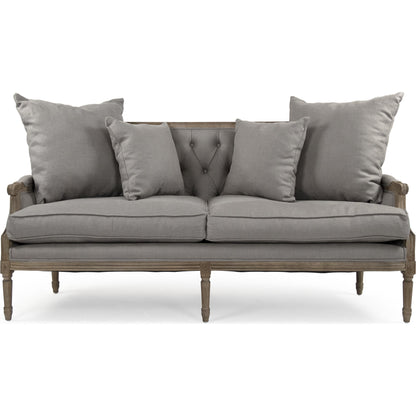 Louis Tufted Sofa by Zentique in natural linen and limed gray oak. Made from limed grey oak in a cottage & farmhouse style.