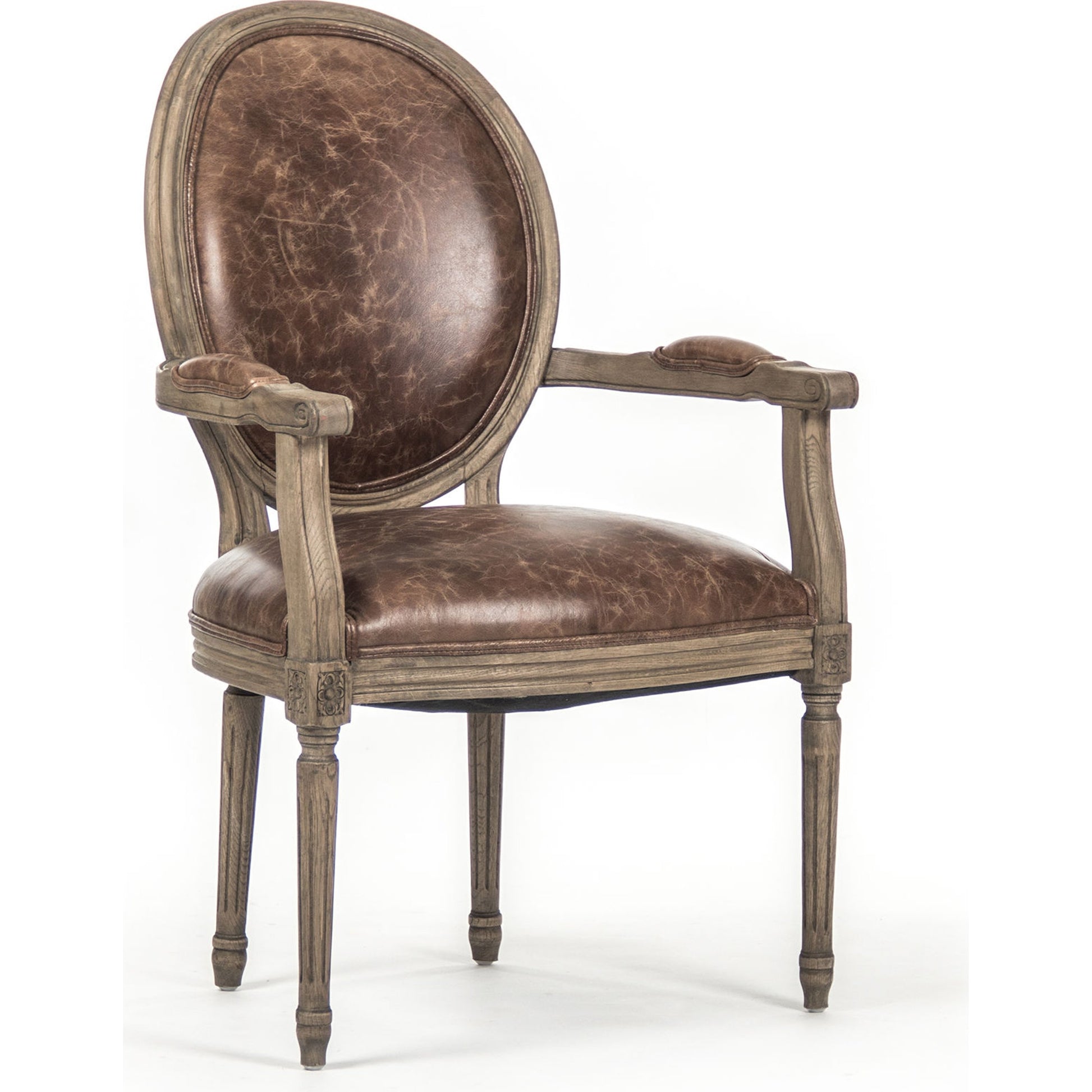 Medallion Leather Arm Chair by Zentique in top grain brown leather, jute and reclaimed oak. Made from reclaimed oak in a traditional style.