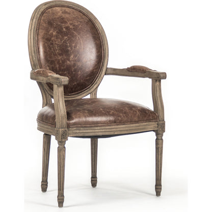 Medallion Leather Arm Chair by Zentique in top grain brown leather, jute and reclaimed oak. Made from reclaimed oak in a traditional style.