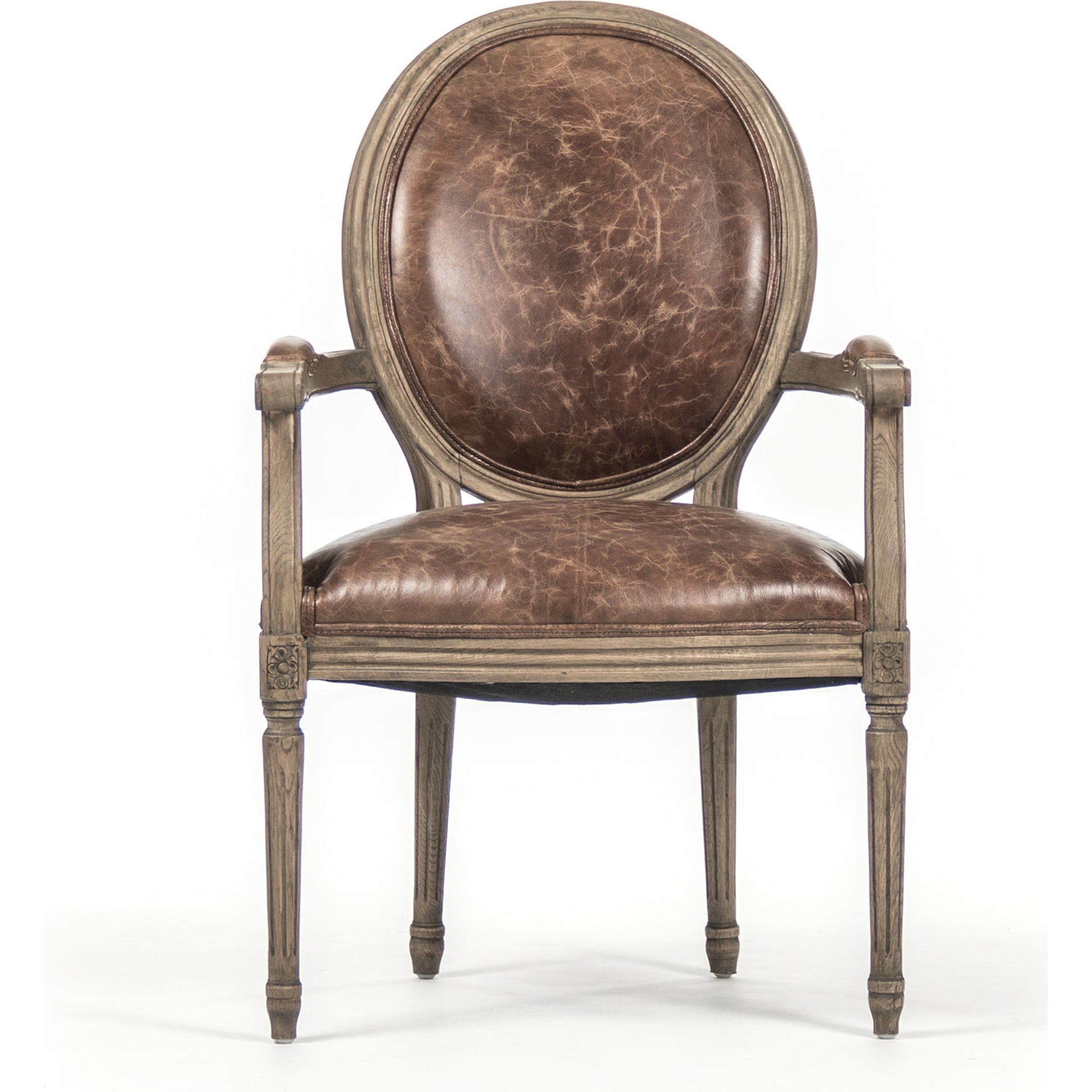 Medallion Leather Arm Chair by Zentique in top grain brown leather, jute and reclaimed oak. Made from reclaimed oak in a traditional style.