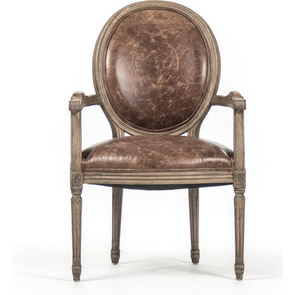 Medallion Leather Arm Chair by Zentique in top grain brown leather, jute and reclaimed oak. Made from reclaimed oak in a traditional style.