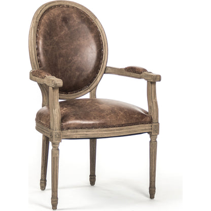 Medallion Leather Arm Chair by Zentique in top grain brown leather, jute and reclaimed oak. Made from reclaimed oak in a traditional style.