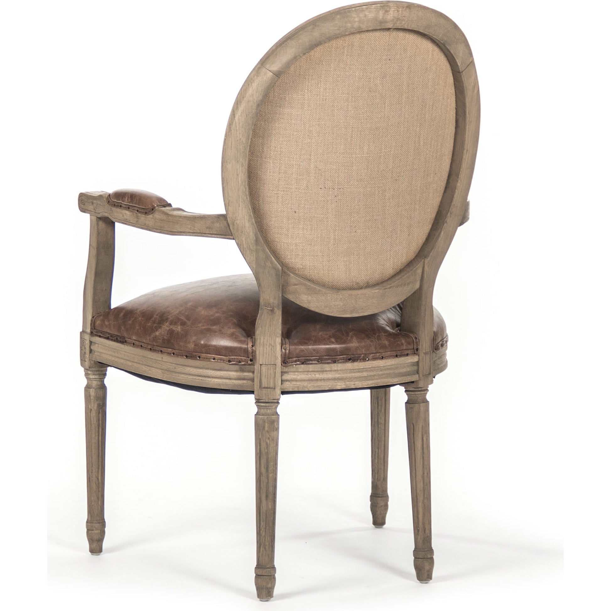 Medallion Leather Arm Chair by Zentique in top grain brown leather, jute and reclaimed oak. Made from reclaimed oak in a traditional style.