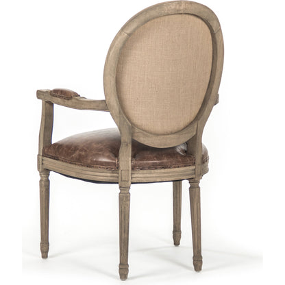 Medallion Leather Arm Chair by Zentique in top grain brown leather, jute and reclaimed oak. Made from reclaimed oak in a traditional style.