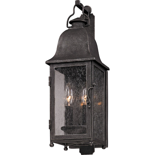 Larchmont Wall Lantern by Troy in aged pewter. Made from hand-worked iron in a traditional style.