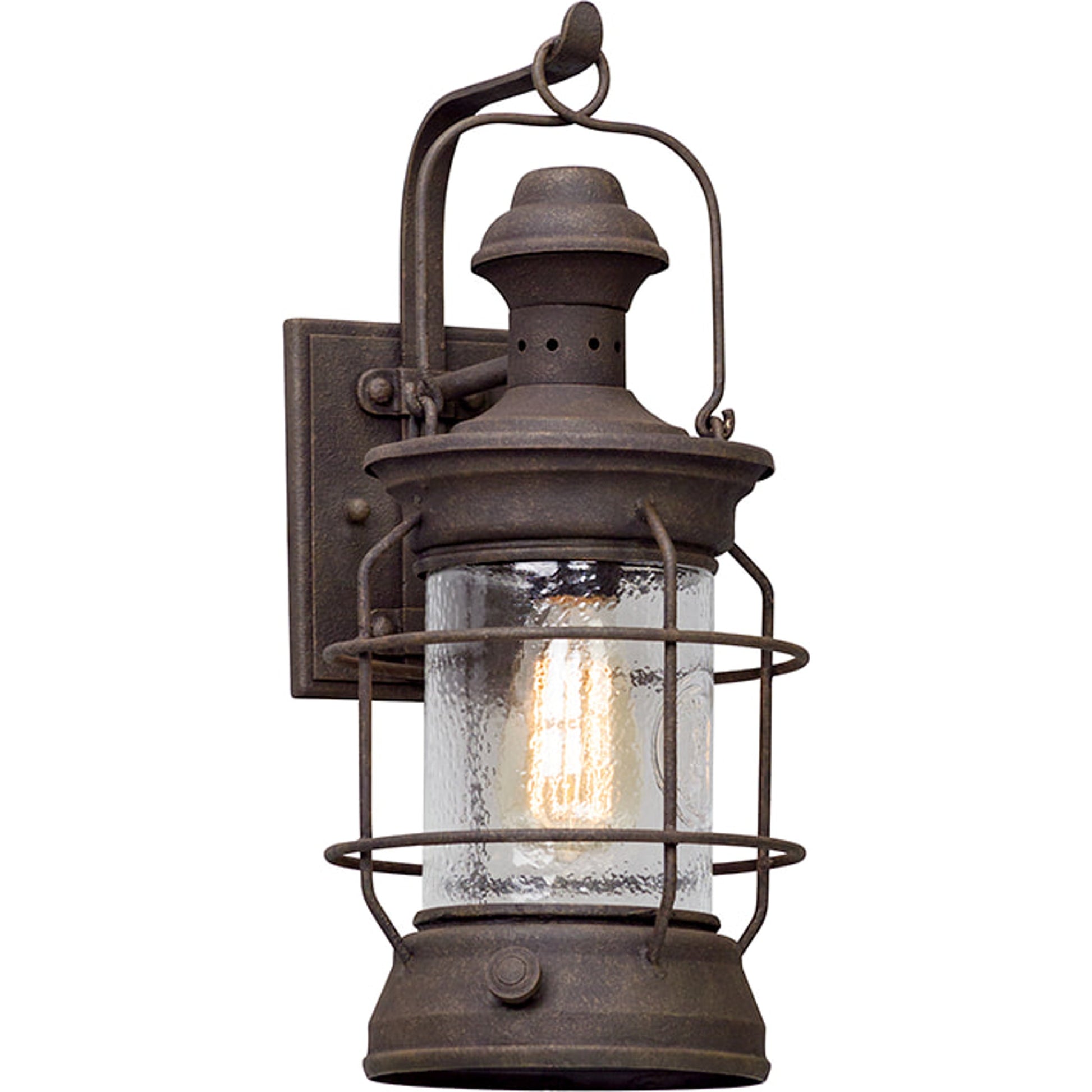 Atkins Wall Lantern by Troy in centennial rust. Made from hand-worked iron in a rustic style.