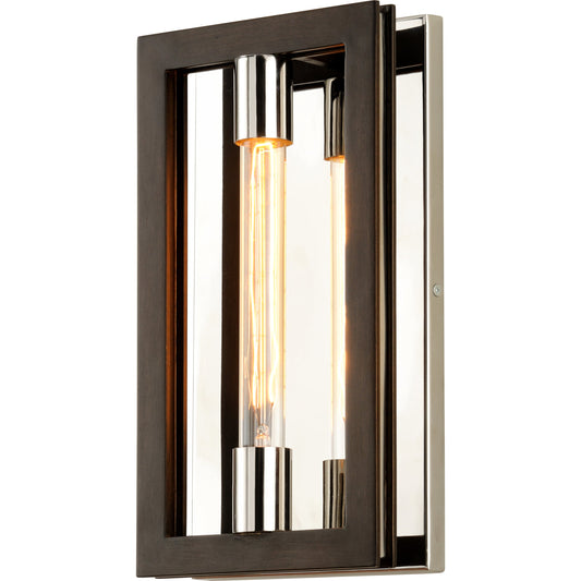 Enigma Wall Sconce by Troy in bronze with polished stainless. Made from hand-worked iron in a modern style.