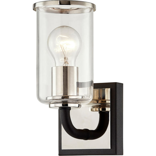 Aeon Vanity by Troy in carbide black, polished nickel. Made from hand worked iron in a transitional style.