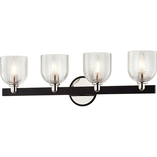 Munich 4-Light Vanity by Troy in carbide black, pol nickel. Made from hand worked iron in a transitional style.