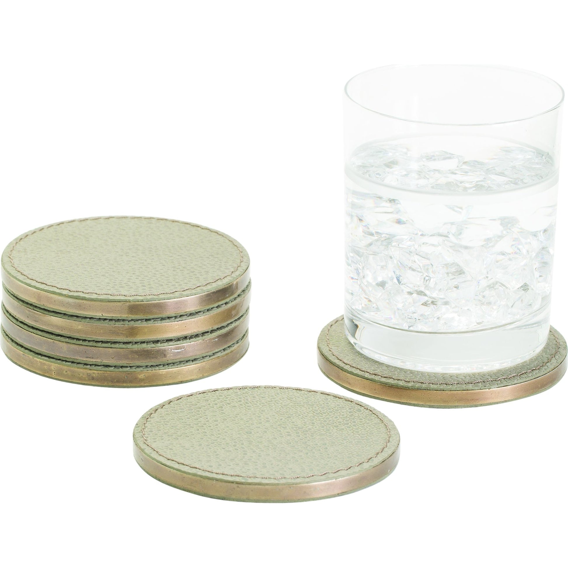 Alpen Coasters by Global Views. Made from mdf, brass, leather, polyester suede in a transitional style.