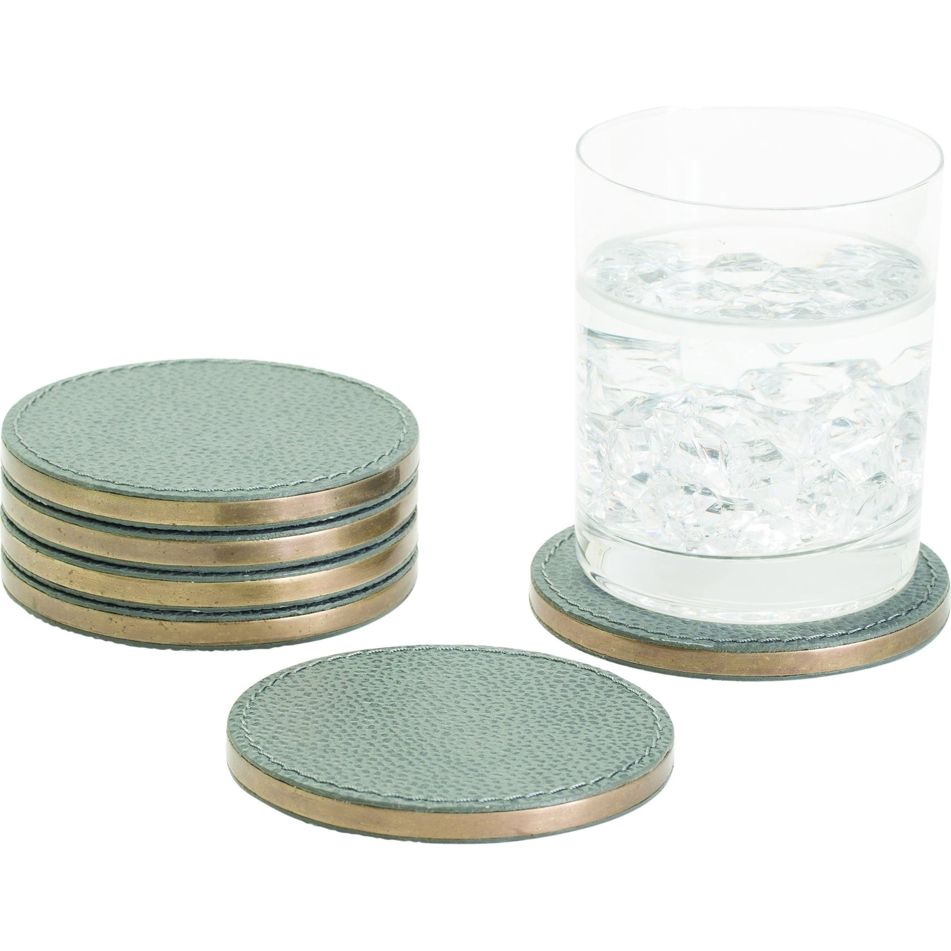 Alpen Coasters by Global Views. Made from mdf, brass, leather, polyester suede in a transitional style.