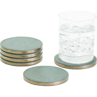 Alpen Coasters by Global Views. Made from mdf, brass, leather, polyester suede in a transitional style.