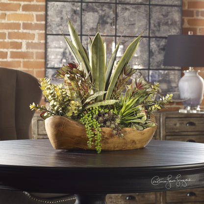 Salar Succulents in Teak Bowl by Uttermost in teak. Made from polyester, foam, teak wood in a modern style.