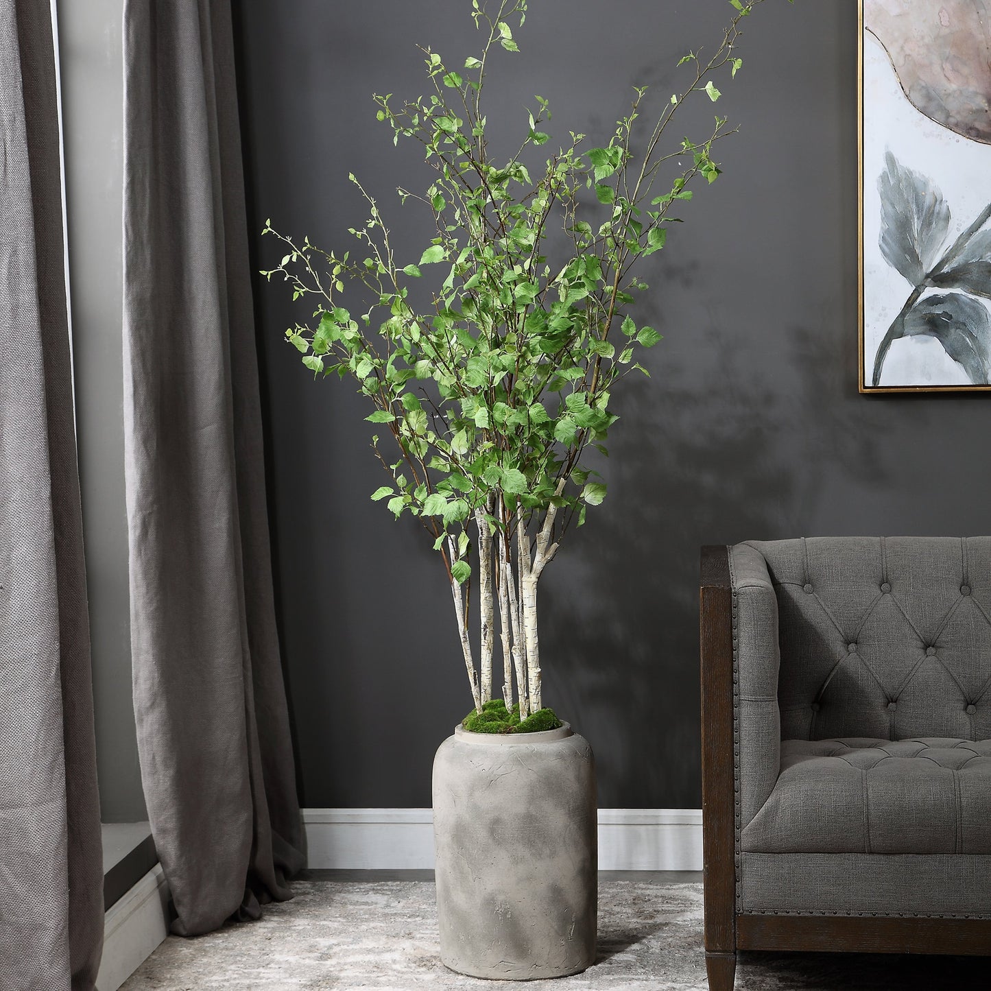 004 SR-389110 | Lifestyle | Aldis Potted River Birch by Uttermost. Made from polyester, plastic, iron, vase in a modern style.