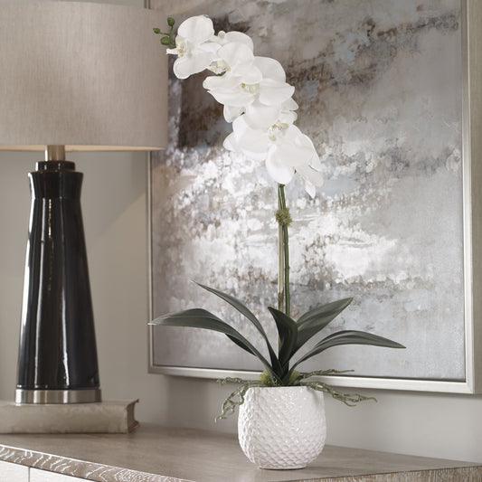 Cami Orchid II by Uttermost in white. Made from polyester, ceramic, foam, bamboo in a coastal style.