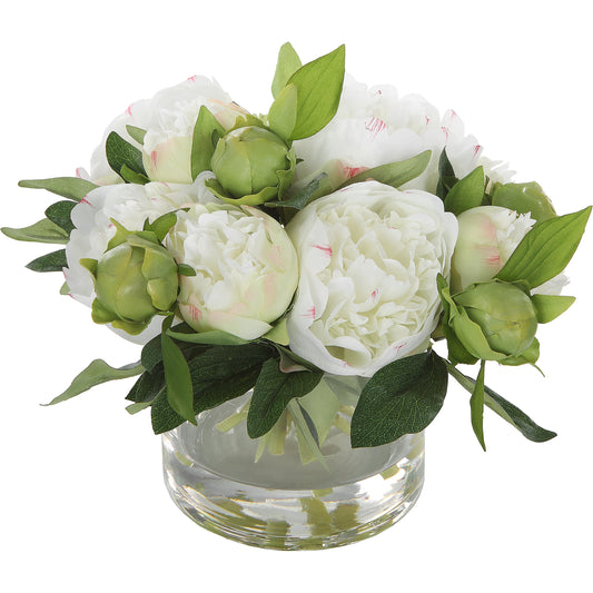 Garden Peony Bouquet by Uttermost in white. Made from polyfoam, plastic, polyester, glass in a modern style.