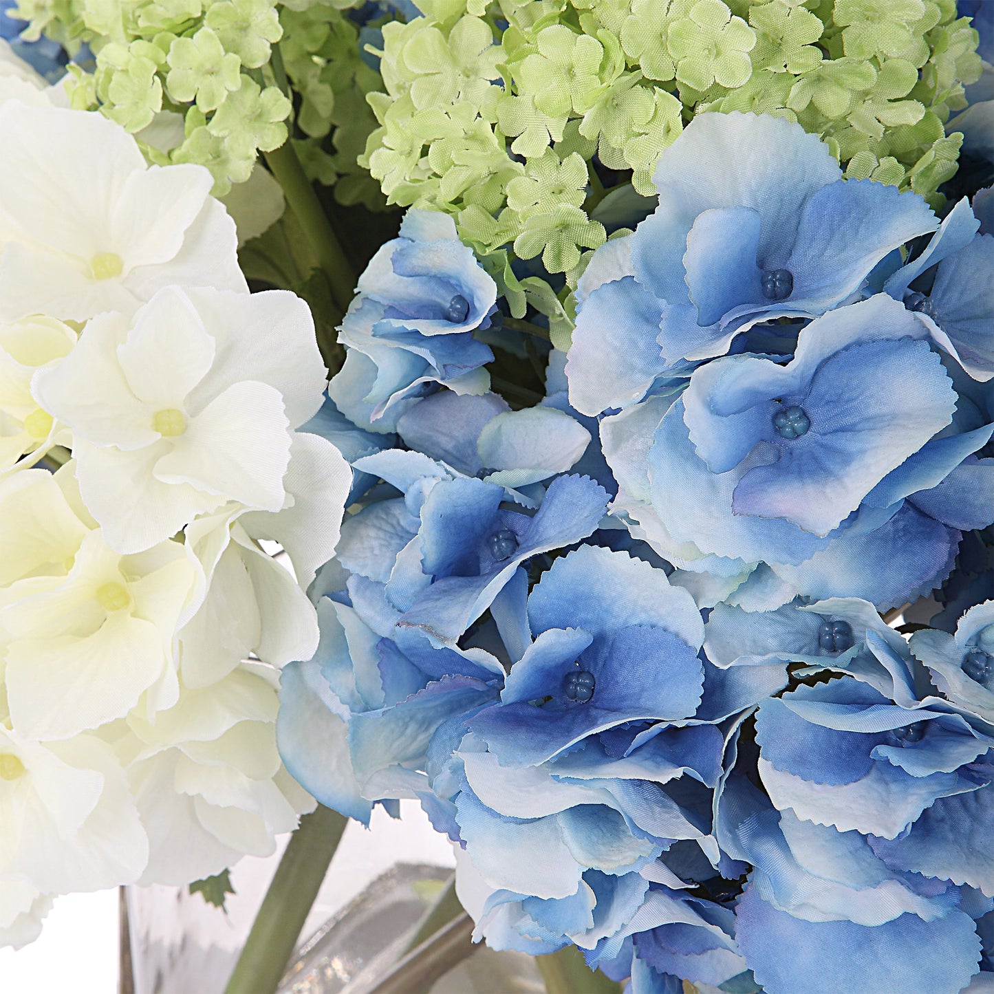 004 SI-1981488 | Closeup | Providence Hydrangea Bouquet by Uttermost in blue, white, limelight and blue. Made from polyester, plastic, iron, glass in a modern style.
