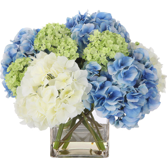 Providence Hydrangea Bouquet by Uttermost in blue, white, limelight and blue. Made from polyester, plastic, iron, glass in a modern style.