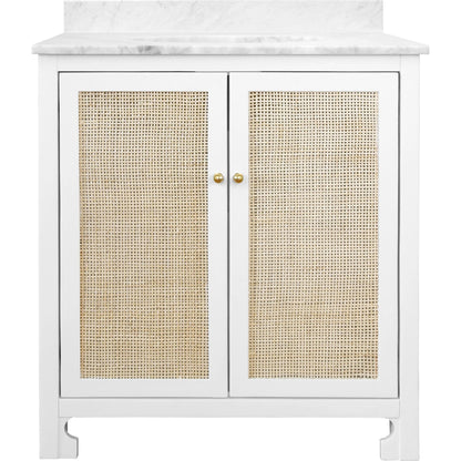 Boyd Bath Vanity by Worlds Away. Made from hardwood solids, mdf, caning, metal, carrara marble, porcelain in a coastal style.