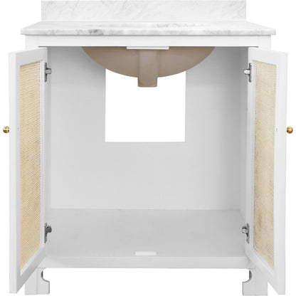 Boyd Bath Vanity by Worlds Away. Made from hardwood solids, mdf, caning, metal, carrara marble, porcelain in a coastal style.