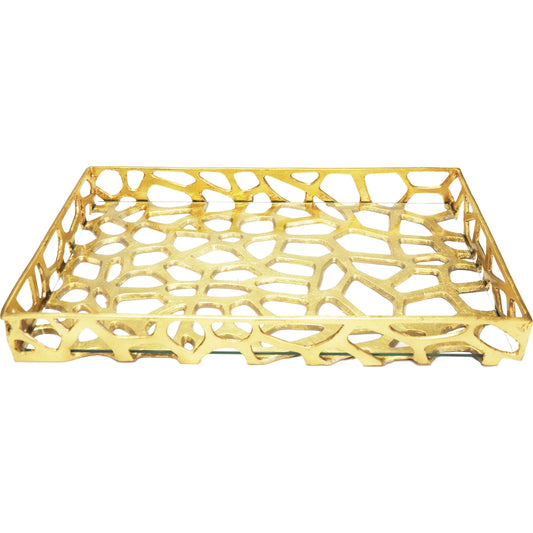 Byron Organic Iron Tray by Worlds Away in gold leaf and gold leaf. Made from iron, glass in a modern style.