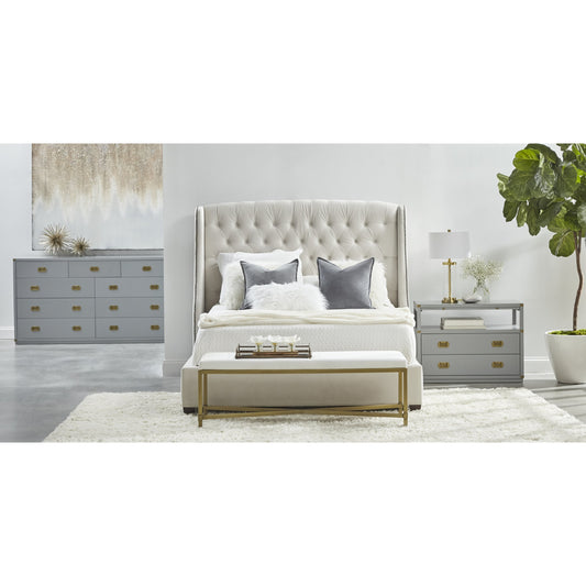 Bradley Nightstand by Essentials For Living in dove gray, brushed gold. Made from solid acacia, acacia veneer over mdf in a transitional style.