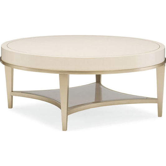 Washed White Round Cocktail Table by Caracole in taupe and washed alabaster, blush taupe. Made from birch, engineered maple in a transitional style.