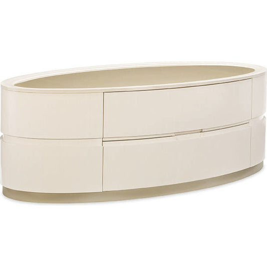 Oval Cocktail Table with Drawers by Caracole in taupe and washed alabaster, blush taupe. Made from birch, enginerred maple in a modern style.