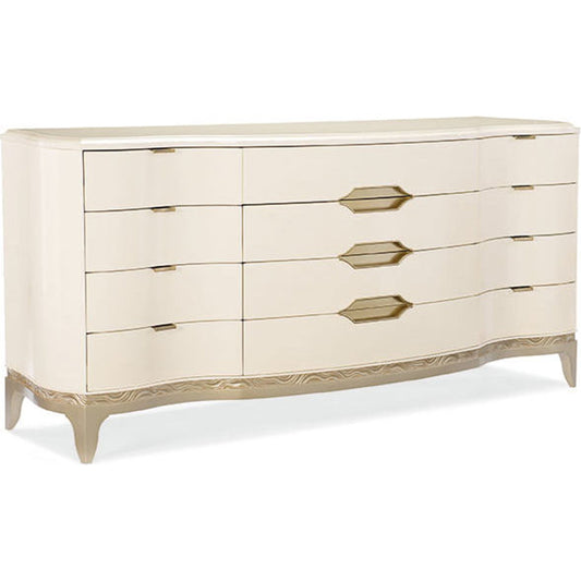 Washed White Dresser by Caracole in taupe, white and washed alabaster, blush taupe. Made from birch, engineered maple in a transitional style.