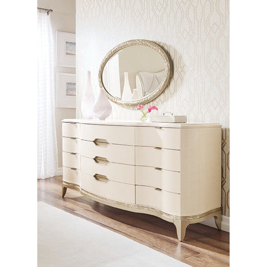 Washed White Dresser by Caracole in taupe, white and washed alabaster, blush taupe. Made from birch, engineered maple in a transitional style.