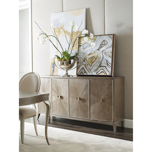 Ash Credenza by Caracole in linen, silver, pearl and elegant linen, soft silver paint. Made from quarter ash, maple in a transitional style.