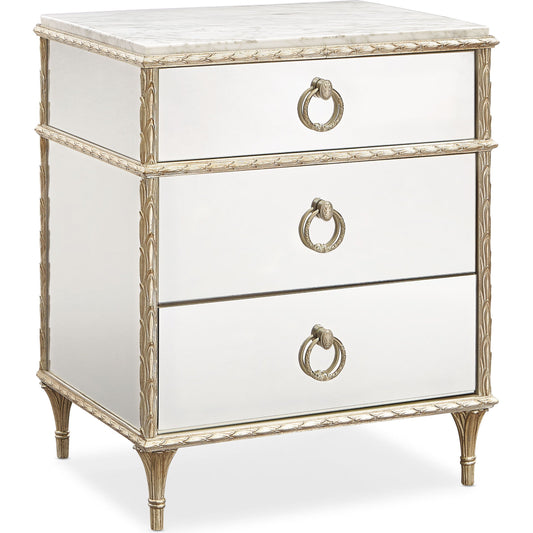 Rococo Nightstand by Caracole in aglow and aglow. Made from asian hardwood, aluminum, resin in a transitional style.