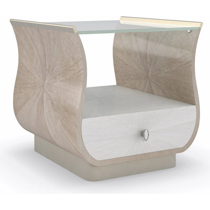 Lillian Rectangle End Table by Caracole in natural and stone manor, ivory wash, soft radiance. Made from birch, koto, figured sycamore in a unique style.