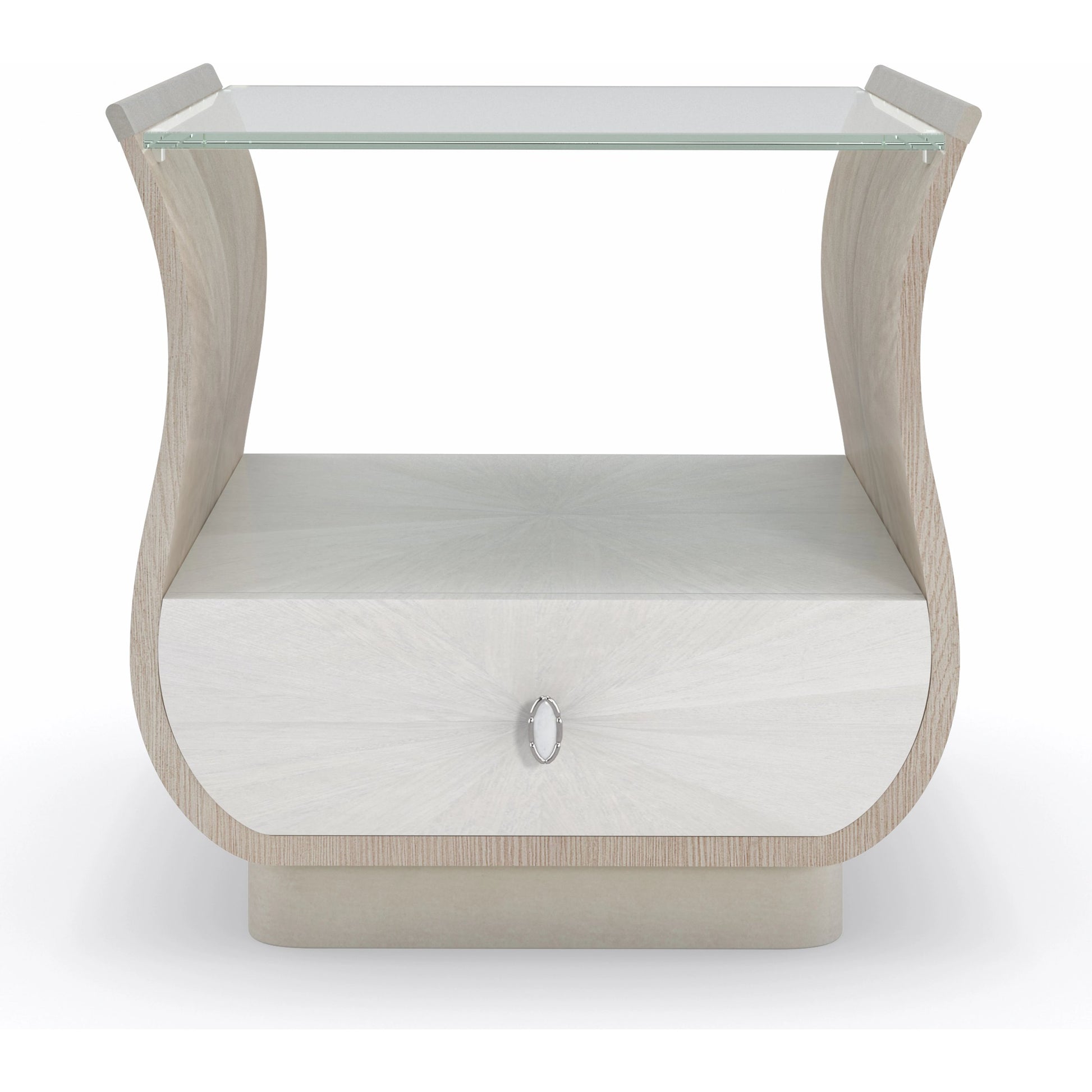 Lillian Rectangle End Table by Caracole in natural and stone manor, ivory wash, soft radiance. Made from birch, koto, figured sycamore in a unique style.